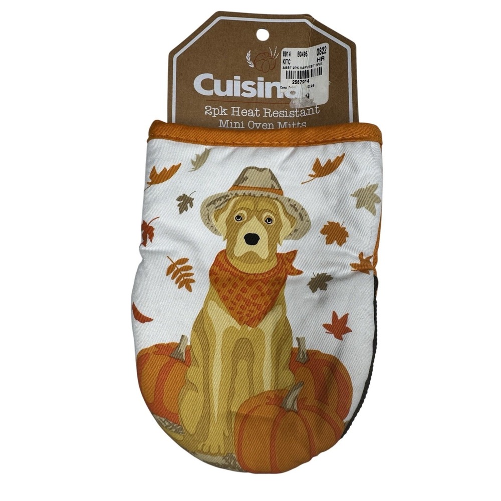 NEW Cuisinart 2 Pack Harvest Dog Golden Mini Oven Mitts Fall Pumpkin Kitchen